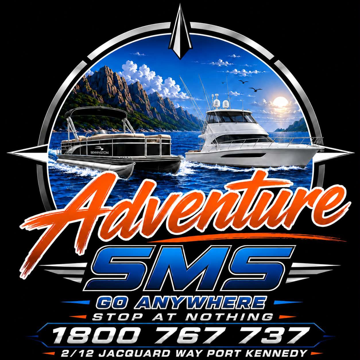 Adventure SMS boats and mountains logo